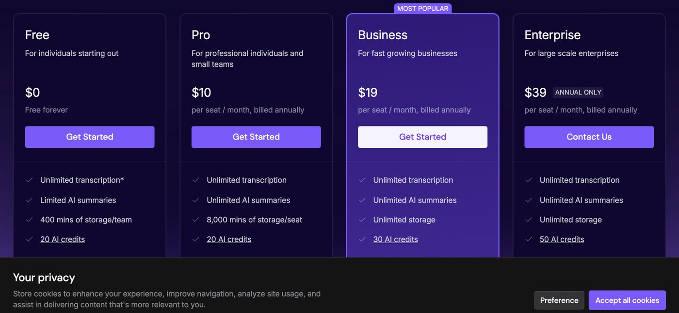 Страница тарифов Fireflies: планы Free, Pro, Business и Enterprise с лимитами хранения