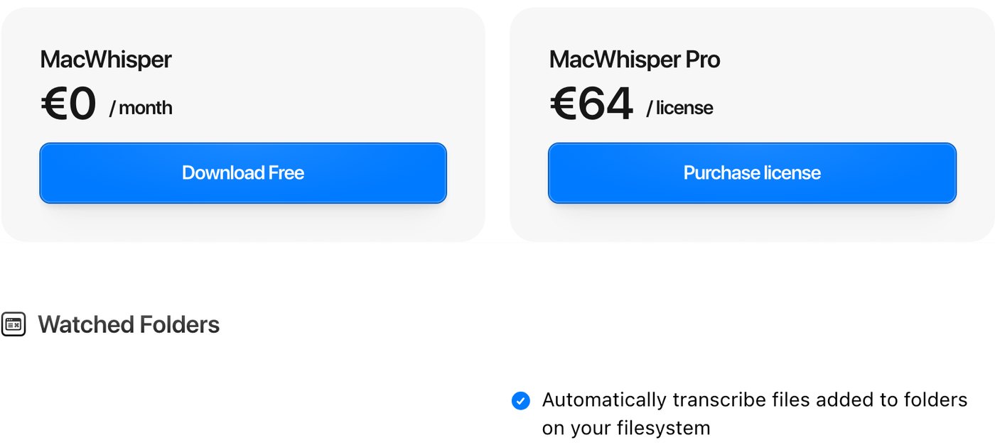 Цены MacWhisper: бесплатная версия и Pro за 64 евро за лицензию