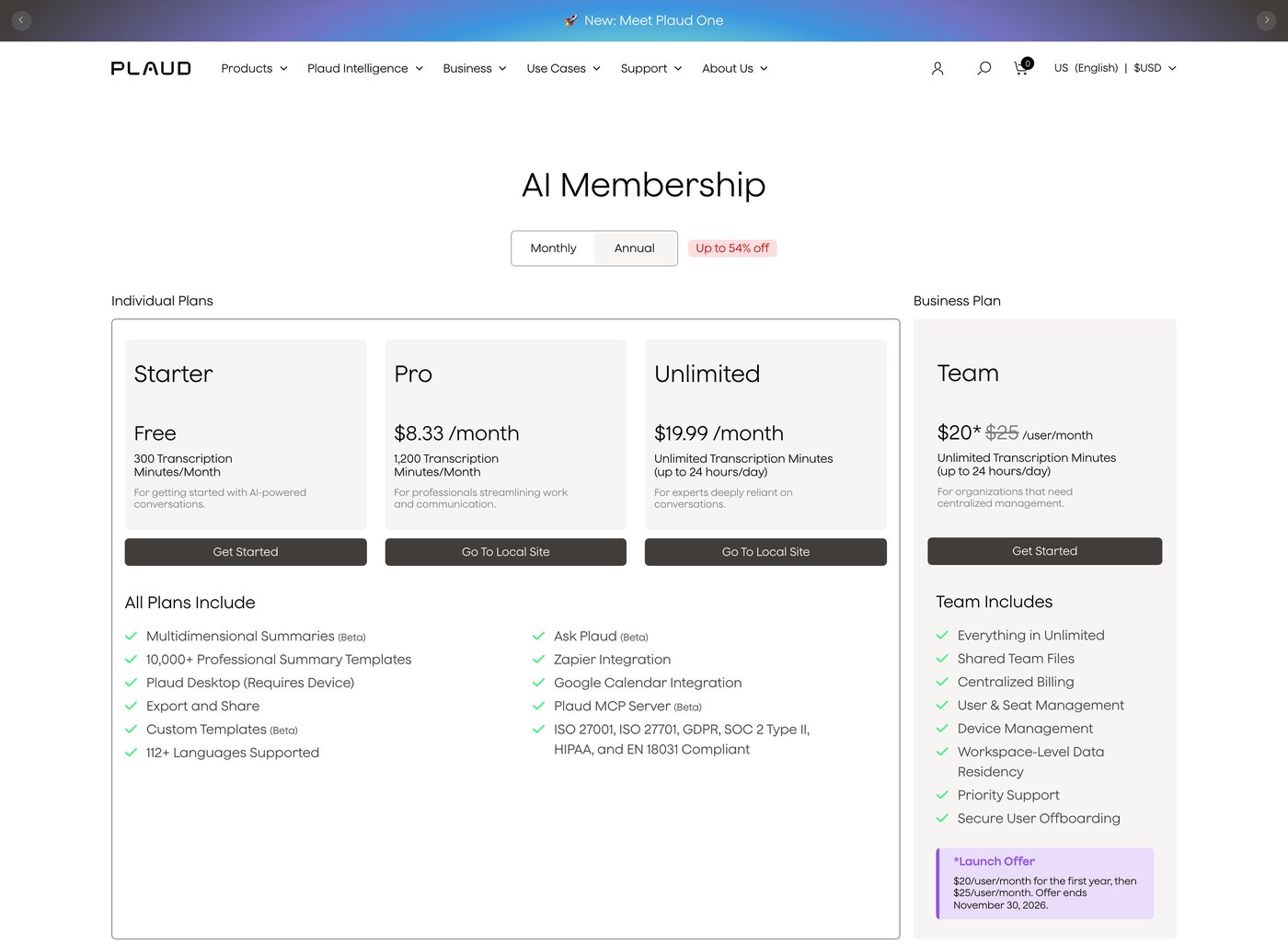 Страница подписки Plaud: Starter, Pro, Unlimited и Team с лимитами минут
