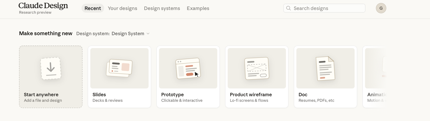 Режимы Claude Design: Slides, Prototype, Product wireframe, Doc, Animation