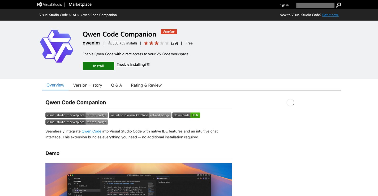 Страница расширения Qwen Code Companion в маркетплейсе VS Code
