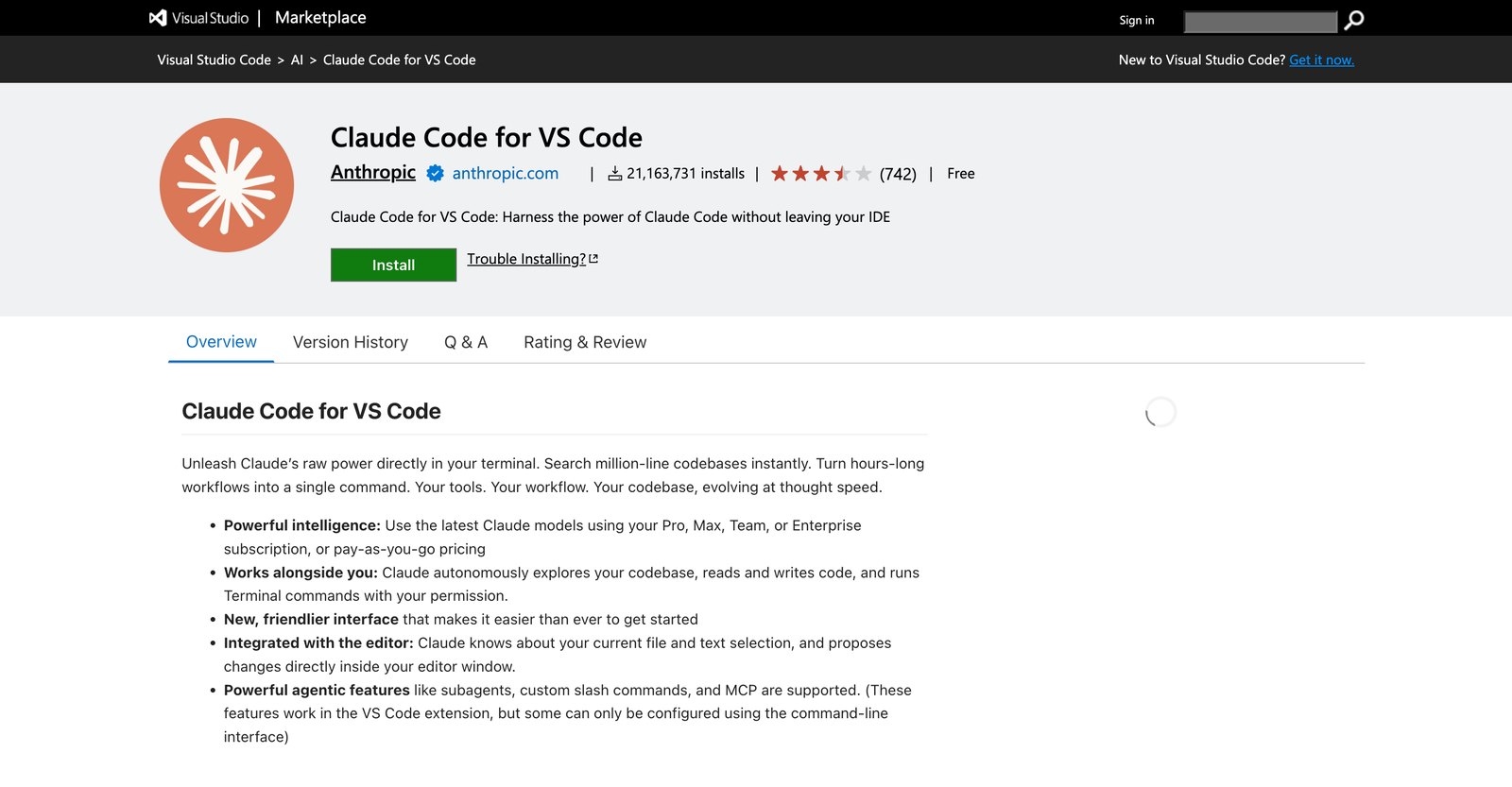 Страница расширения Claude Code for VS Code в маркетплейсе: издатель Anthropic, кнопка Install