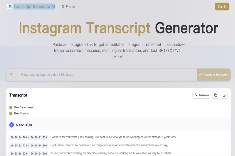 Скриншот Transcript Generator AI