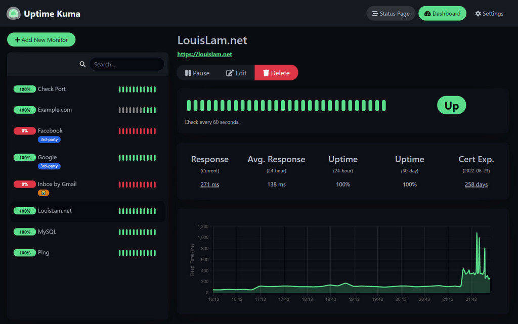 Скриншот Uptime Kuma