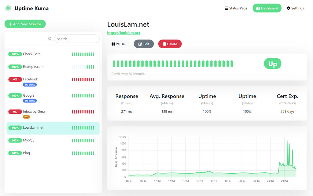 Скриншот Uptime Kuma